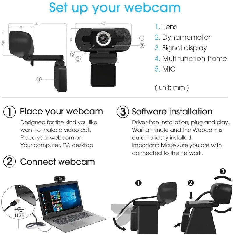 HD 1080P USB Webcam with Built-in Microphone